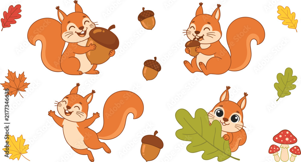 Obraz premium Cute squirrel vector illustration set featuring happy cartoon characters holding acorns, jumping, hiding behind green oak leaves, forest mushrooms, and autumn foliage.