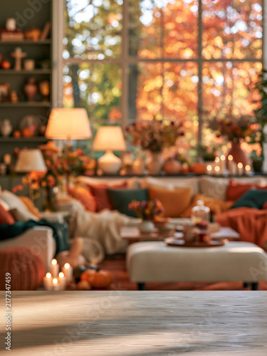 Cozy Autumn Living Room with Orange Foliage Window Warm Lamps and Blurred Interior for Seasonal Display
