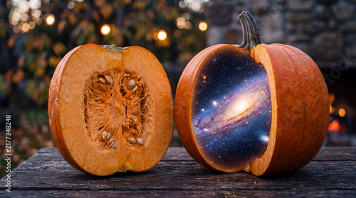 Split Pumpkin Revealing Glowing Galaxy Inside, Halloween Object on Solid Orange Background with Copy Space