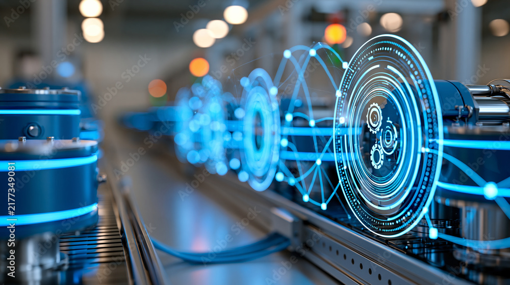 Obraz premium Smart factory digital automation with connected industrial equipment for advanced manufacturing, production control and industry 4.0, defocused technological facility