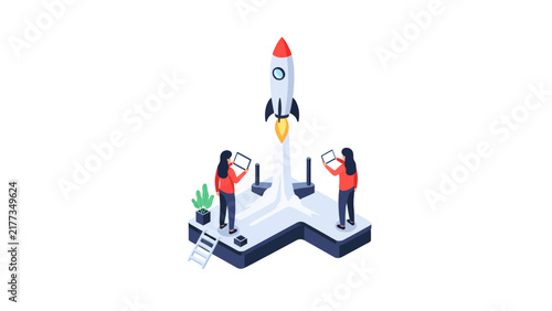 Isometric illustration of startup team launching a rocket.