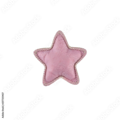 
A pink felt star with a cream-colored stitched border, centered on a white background.