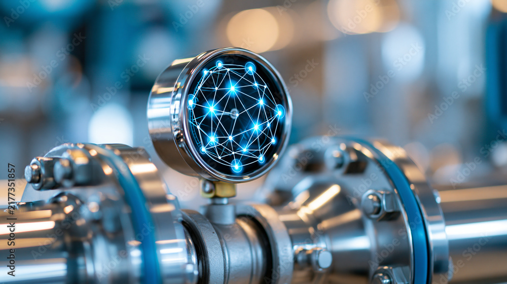 Fototapeta premium Industrial IoT sensor network interface on pressure gauge representing smart manufacturing and factory automation, defocused technological measurement visualization, with copy