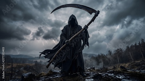 A dark hooded grim reaper holding a large scythe standing in a gloomy desolate landscape under stormy skies