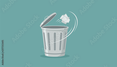 Classic metallic trash can with an open lid and a flying paper ball representing recycling and cleaning.