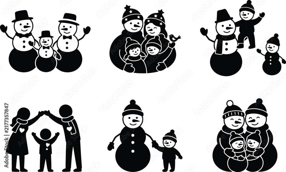 Obraz premium A collection of six black silhouette icons depicting families of snowmen, including parents and children, isolated on a white background, for winter, christmas, and holiday themed projects