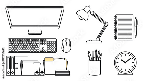 Office supplies and computer equipment on transparent background