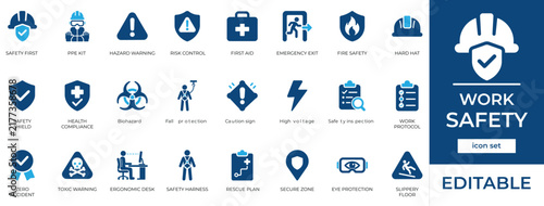 Work safety vector icon set. Features hard hat protection, first aid emergency, health management, security insurance, hazard regulation, workplace accident, and warning signs.