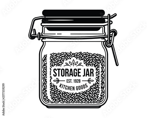 Storage jar with rice filled for kitchen goods