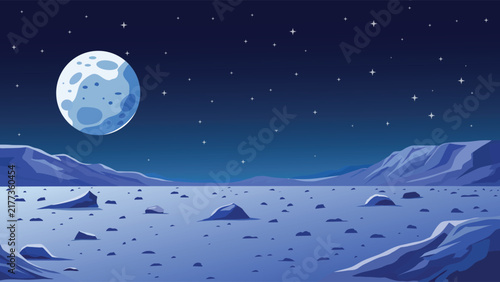 Bild auf Leinwand Blue Ice Alien Planet Surface Flat Vector Landscape Background With Full Moon An