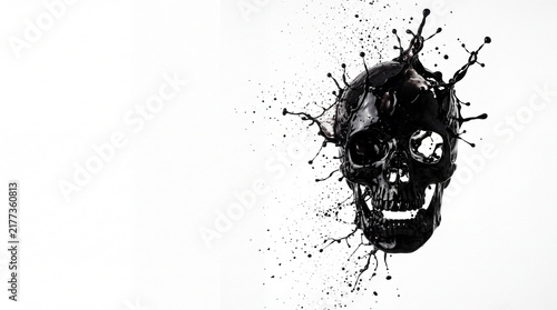 Black Ink Drop Frozen into Skull Silhouette, Halloween Object on Solid White Background with Copy Space