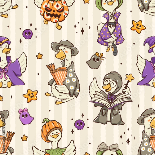Cute goose halloween pattern with hand drawn animal characters, pumpkin costumes and spooky seasonal elements for textile, fabric, wrapping paper and surface design