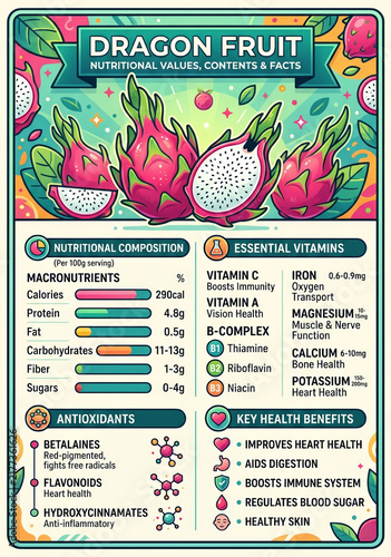 Dragon fruit nutrition chart, dragon fruit nutritional value, dragon fruit nutrition facts, dragon fruit health benefits, dragon fruit calories, dragon fruit vitamins and minerals, pitaya nutritions.