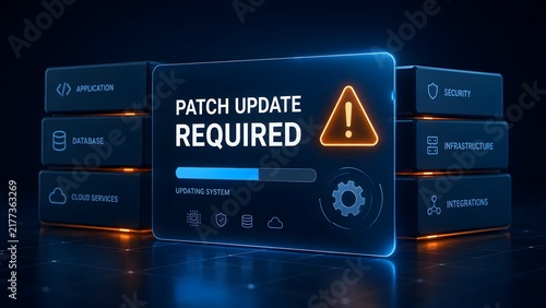 Plakat w ramie Digital interface panel displaying patch update required notification with warning triangle progress bar and system infrastructure icons for software maintenance