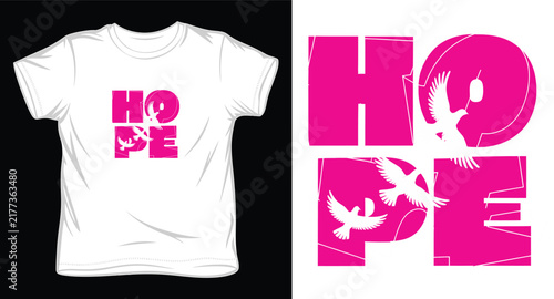 Hope text with doves on white t shirt mockup vector illustration.