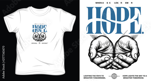 Hope graphic t-shirt design concept with cupped hands and earth globe for apparel print and merchandise.