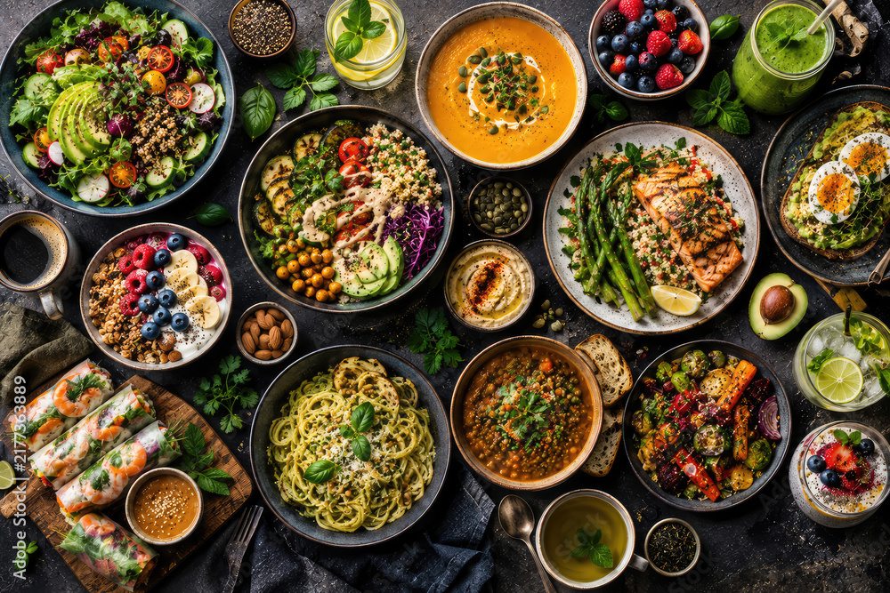 Fototapeta premium Healthy Food Collage with Balanced Meals and Fresh Ingredients