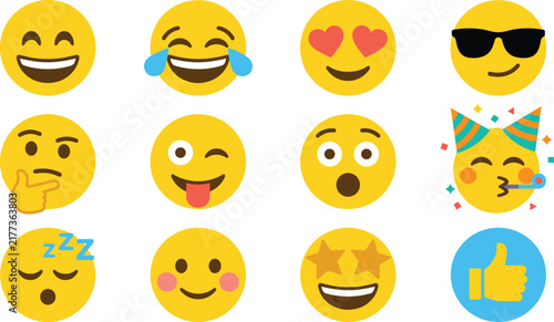 Bild auf Leinwand Yellow emoji character vector set featuring happy laughing crying face hearts eyes sunglasses thinking winking party star eyes thumbs up icons