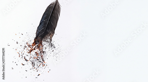 Crow Feather Turning to Ash, Suspended Halloween Object on Solid White Background with Copy Space