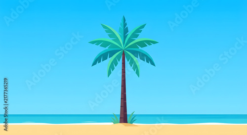 Minimalist vector illustration of a single palm tree on a tropical beach