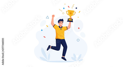 Man celebrating victory, holding trophy with confetti falling, vector illustration of success and achievement