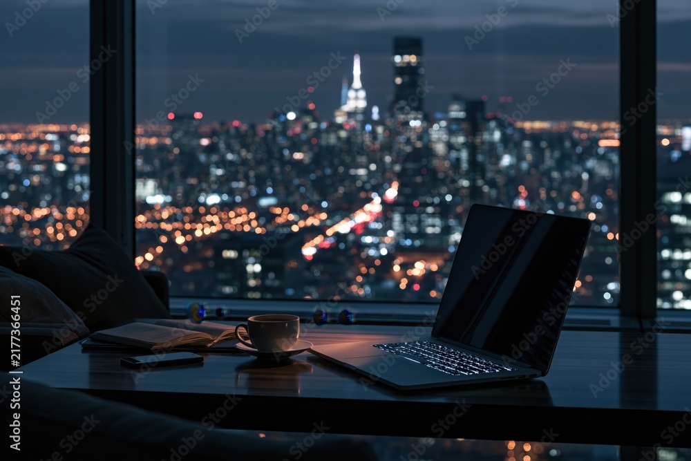 Obraz premium Laptop and coffee on desk overlooking New York City skyline