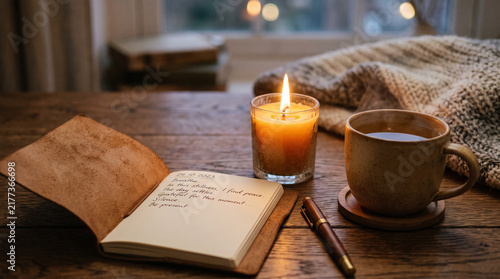 Cozy reading and journaling setup with open notebook coffee and candle at home
