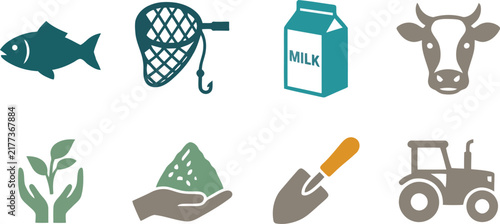 Agriculture and Farming Flat Icon Set Vector Illustration with Fish Cow Net Milk Seeds and Tractor