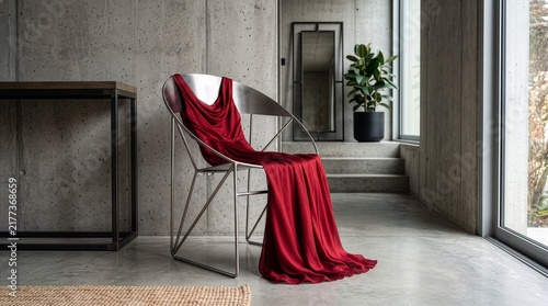 Tapety artystyczne Elegant Red Dress Draped Over Chair in Modern Interior.