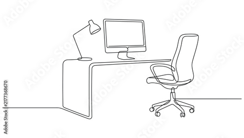 Minimalist continuous line of a home office workspace featuring a computer monitor, an adjustable desk lamp, and an ergonomic office chair