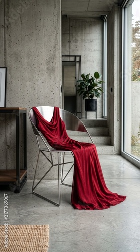 Tapety artystyczne Elegant Red Dress Draped Over Chair in Modern Interior.