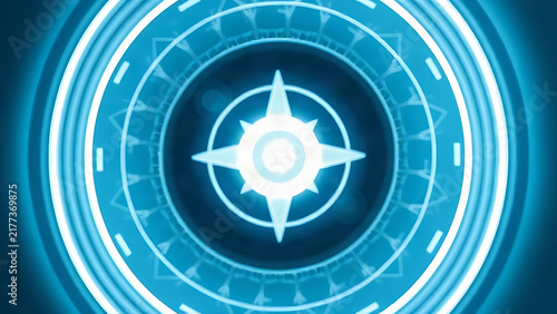 Abstract circular light halo with geometric patterns in blue and silver, symbolic medical concept.