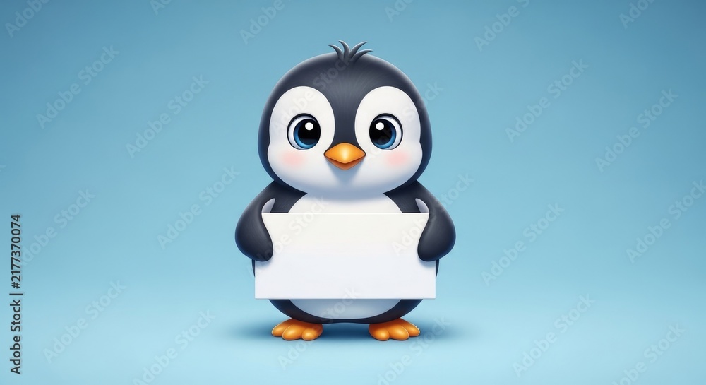 Obraz premium Adorable cartoon penguin character holding a blank sign on a blue background