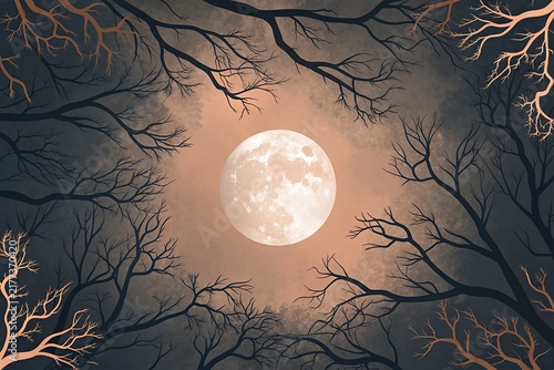 Spooky circular tree branch frame framing a glowing full moon for Halloween background illustration