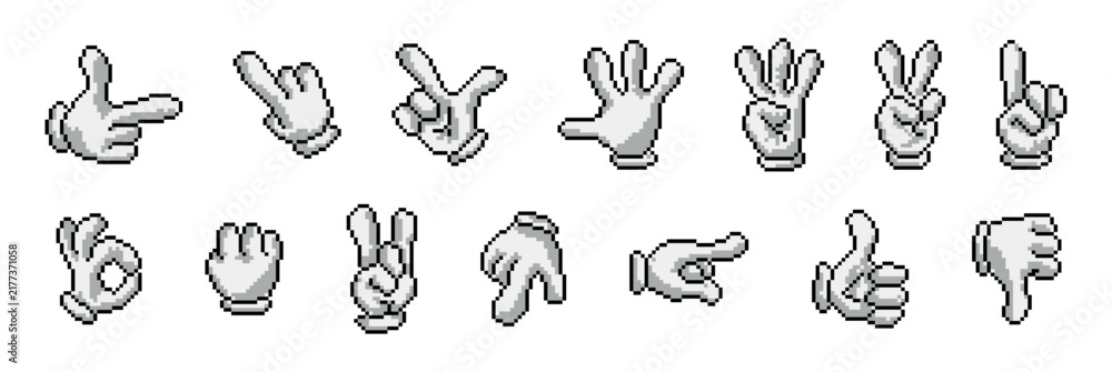 Fototapeta premium Pixel art cartoon hands showing various gestures and numbers in a grid