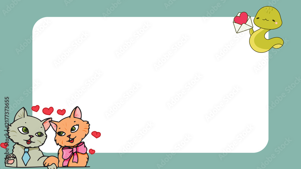 Fototapeta premium Cute animated cats and a charming snake delivering a heartfelt love letter, surrounding a blank copy space perfect for romantic messages or personalized Valentine's Day greetings