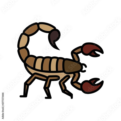 Obraz na plátne A cartoon illustration of a brown scorpion with red claws and a raised stinger on a white background