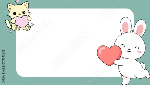 Quadro su tela Adorable white kitten and fluffy bunny characters holding pink and red hearts, f
