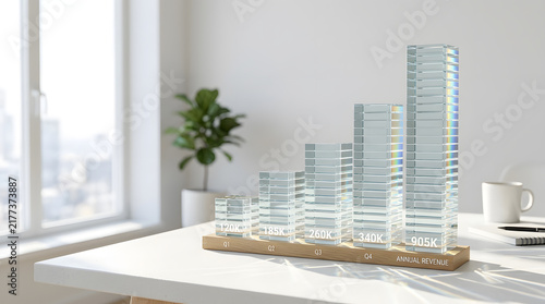 glass bar chart on wooden base showing annual revenue growth on a white office desk with soft window light