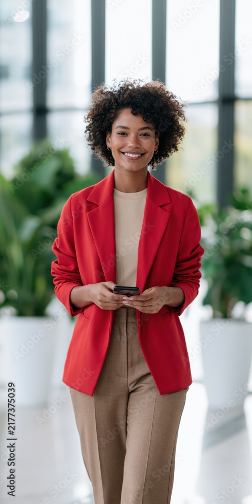 Obraz premium Smiling young woman in red blazer holding smartphone in bright office lobby for business profile portrait and corporate background