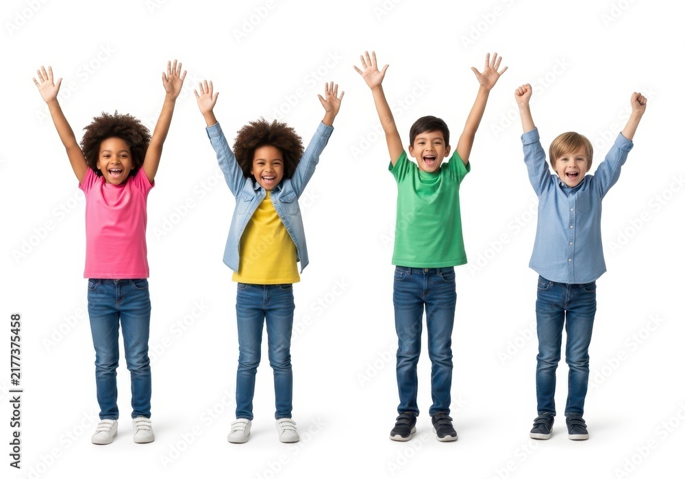 Obraz premium Four happy children raising hands joyfully together