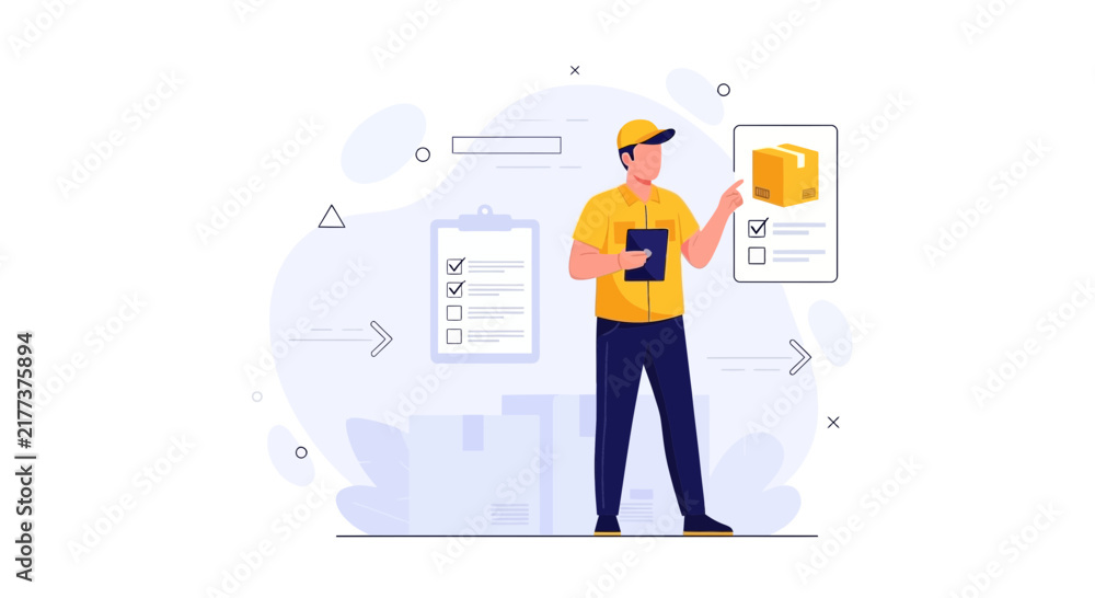 Obraz premium Delivery Person Checking Package Status with Checklist and Boxes, Modern Flat Illustration