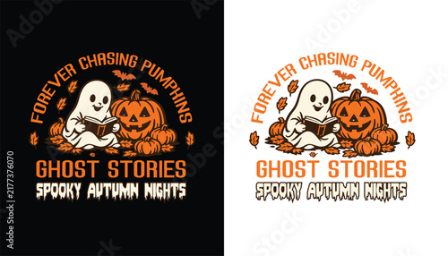 Halloween Ghost Pumpkin T Shirt Design With Spooky Autumn Ghost Reading Book Jack O Lantern Bats And Fall Horror Graphic