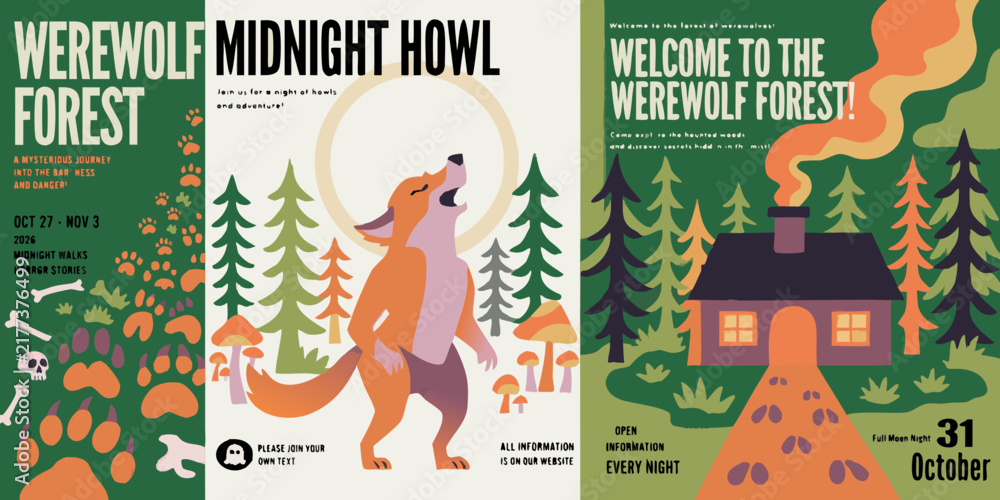 Fototapeta premium Werewolf forest poster features stylized trees a full moon and a howling creature