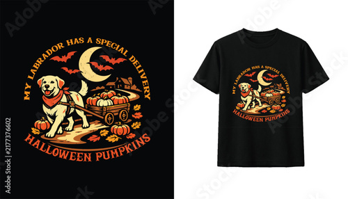 Halloween Labrador Pumpkin Delivery T-Shirt Design With Cute Dog, Wagon Full Of Pumpkins, Bats, Crescent Moon And Autumn Leaves, Vintage Retro Fall Graphic