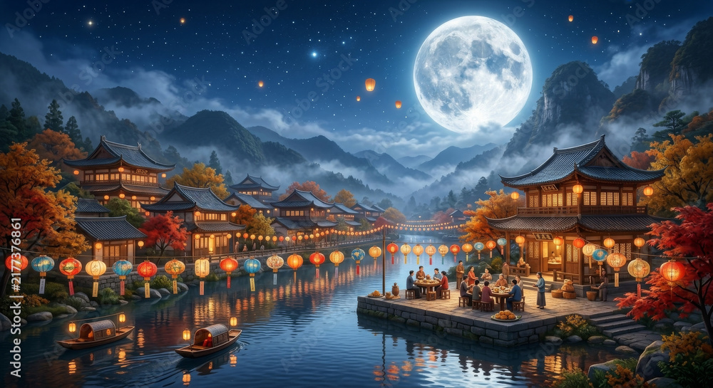 Obraz premium Moonlit Mountain Village and Lanterns for Mid Autumn Festival Night
