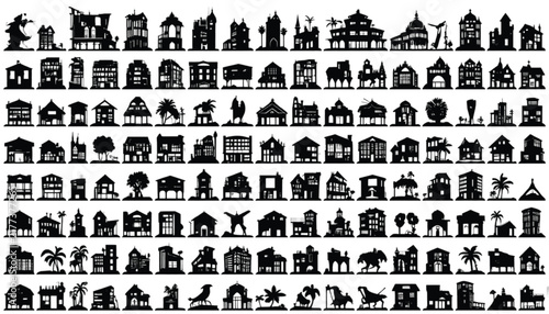 An extensive array of various black building silhouettes, encompassing a wide range of architectural styles from small homes to commercial properties, is meticulously organized on a stark white.