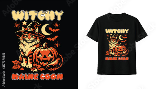 Witchy Maine Coon Halloween T-Shirt Design With Spooky Cat, Pumpkin, Witch Hat, Bats, Crescent Moon, And Autumn Leaves