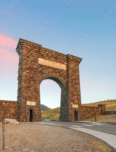 The Roosevelt Arch at the north entrance to Yellowstone National Park in Gardiner. Montana