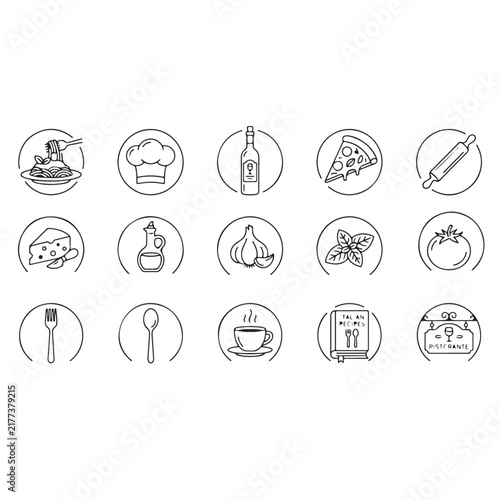 Circular Enclosed Italian Restaurant and Pizzeria Line Icons